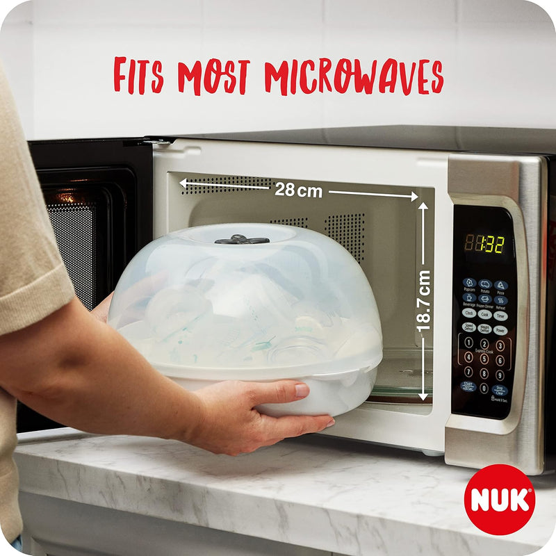 NUK Micro Express Plus Microwave Bottle Steriliser | Sterilises up to 4 Baby Bottles & Accessories in 4 Minutes | Fits Most Microwaves | Tongs for Hygienic Removal