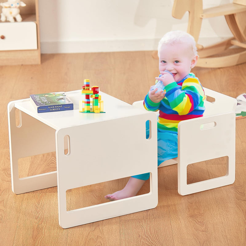 FUNLIO Montessori Weaning Table and Chair Set for Toddlers Age 1-3, Height Adjustable Toddler Table and Chair Set, Cube Kids Table Chair for Reading/Eating/Playing, Easy to Assemble, CE,CPC Certified