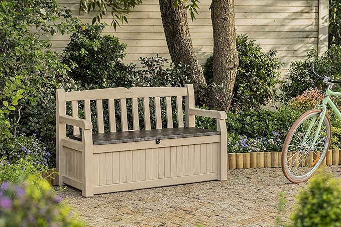Keter Eden Bench 265L Outdoor 60% recycled Garden Furniture Storage Box Beige & Brown Wood Panel Effect | Fade Free | All Weather Resistant | Safe and Secure | Zero Maintenance | 2 year Warranty