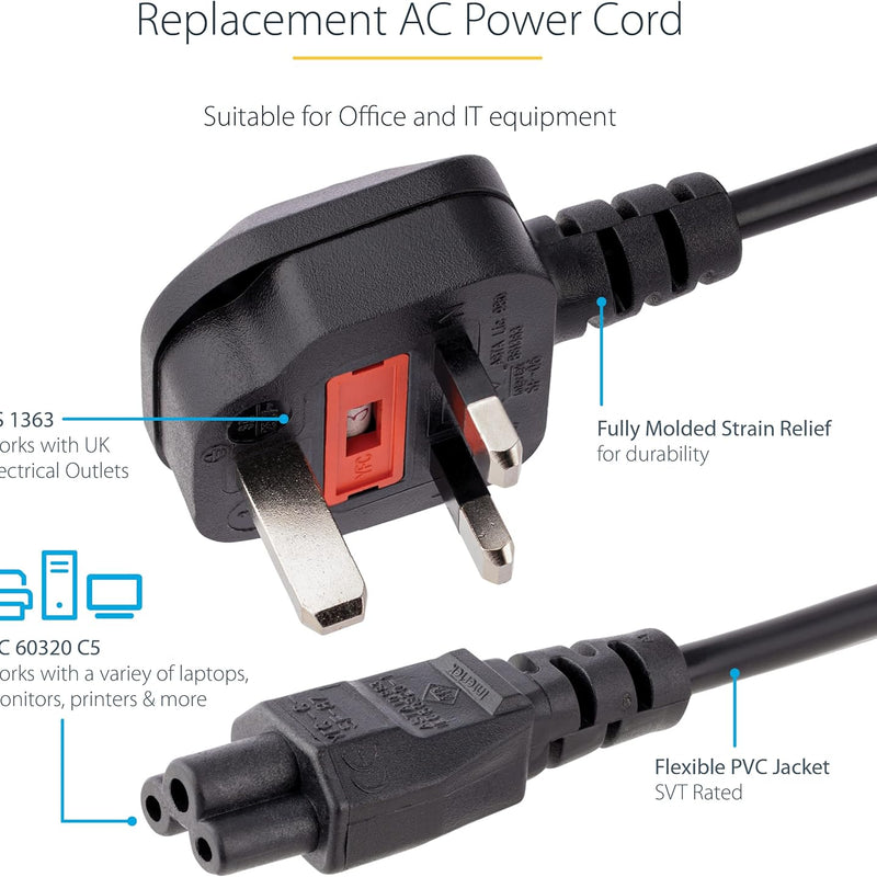 StarTech.com PXTNB3SUK1M 1m Laptop Power Cord - 3 Slot for UK - BS-1363 to C5 Clover Leaf Power Cable Lead, Black