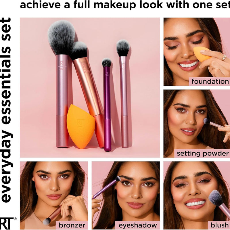 REAL TECHNIQUES,5 Count (Pack of 1) Everyday Essentials Makeup Brush Complete Face Set (Miracle Complexion Sponge, Expert Face, Blush, Setting and Deluxe Crease Brushes)