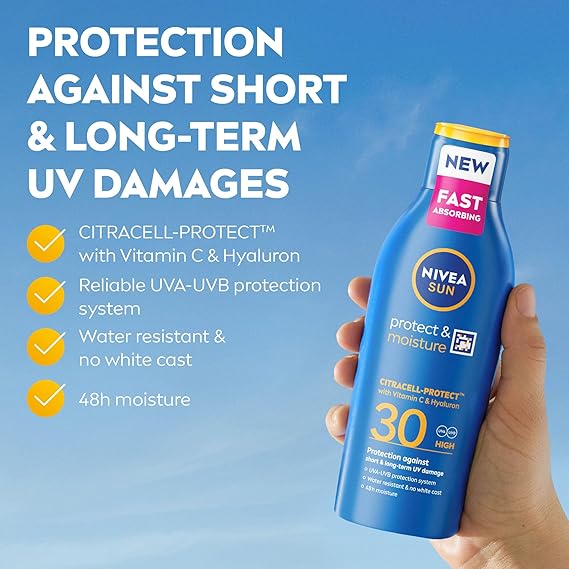 NIVEA SUN Protect & Moisture Sun Lotion SPF 30 (200 ml), Suncream with Vitamin C and Hyaluron, Provides 48H Moisture & Immediate UVA & UVB Protection, Fast-Absorbing No White Cast Formula