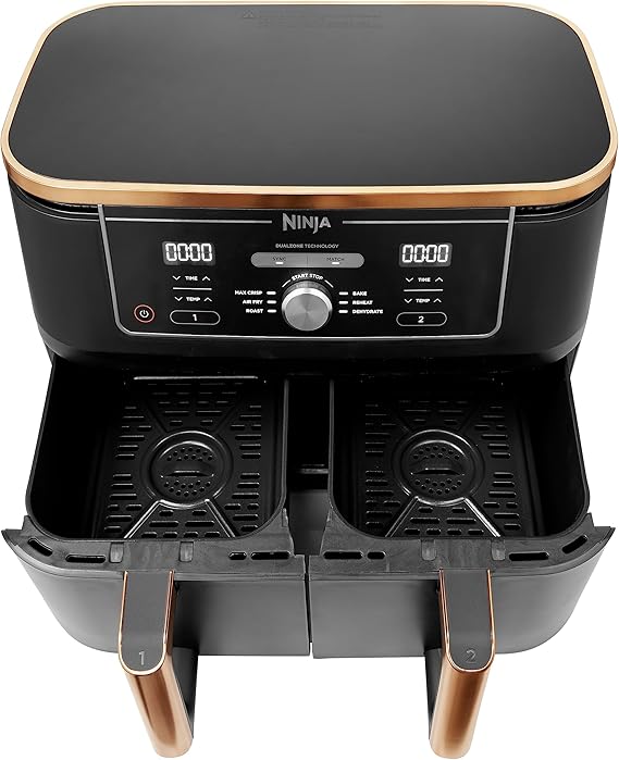 Ninja Foodi MAX Dual Zone Air Fryer, Amazon Exclusive, Tongs, 2 Drawers, 9.5L, 6-in-1, Use No Oil, Air Fry, Max Crisp, Roast, Bake, 8 Portions, Nonstick Dishwasher Safe Baskets, Copper/Black AF400UKCP