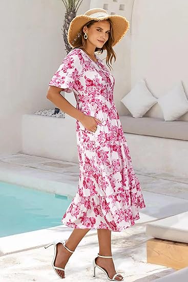 STYLEWORD Women Summer Dress Floral Short Sleeve Ladies Casual Swing Midi Dress with Pockets