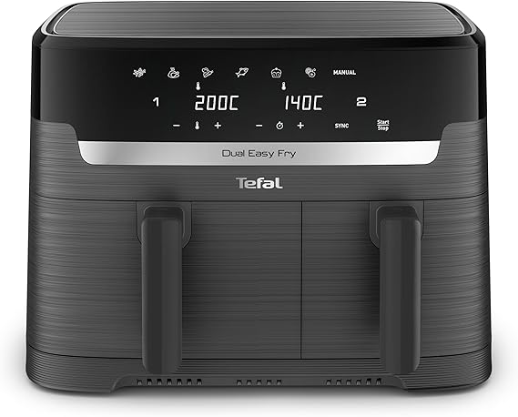 Tefal Easy Fry Dual Zone Digital Air Fryer, 2 Drawers, 8.3L, 8in1, Air Fry, Extra Crisp, Roast, Bake, Reheat, Dehydrate, 6 Portions, Non-Stick, Dishwasher Safe Baskets, Grey EY901HG0