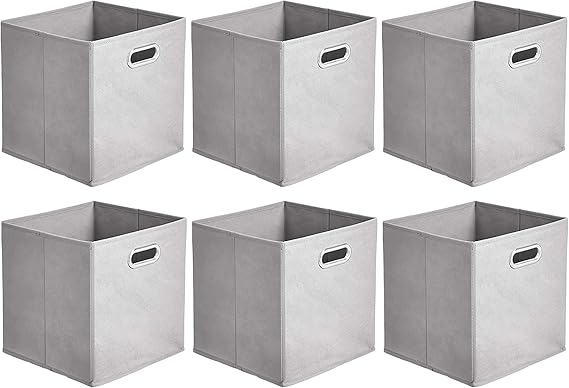 Amazon Basics Collapsible Fabric Storage Cubes with Oval Grommets - 6-Pack, Light Grey