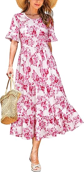 STYLEWORD Women Summer Dress Floral Short Sleeve Ladies Casual Swing Midi Dress with Pockets