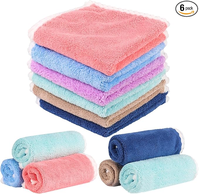 FRIUSATE 6 Pcs Flannel Face Cloth Soft Face Flannels Toddler Flannels Wash Towels Quick Dry Reusable Face Body Cloths Squares Wash Flannels for Baby Kids Adults(30x30cm)