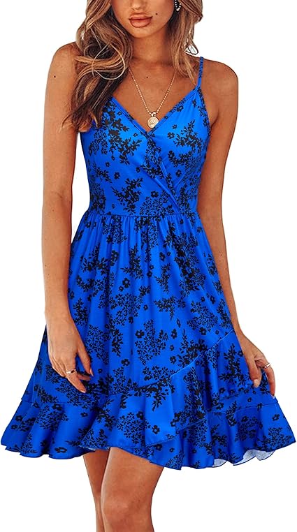 ULTRANICE Women's Summer Floral Wrap V Neck Sundress Adjustable Spaghetti Ruffle Swing Dress