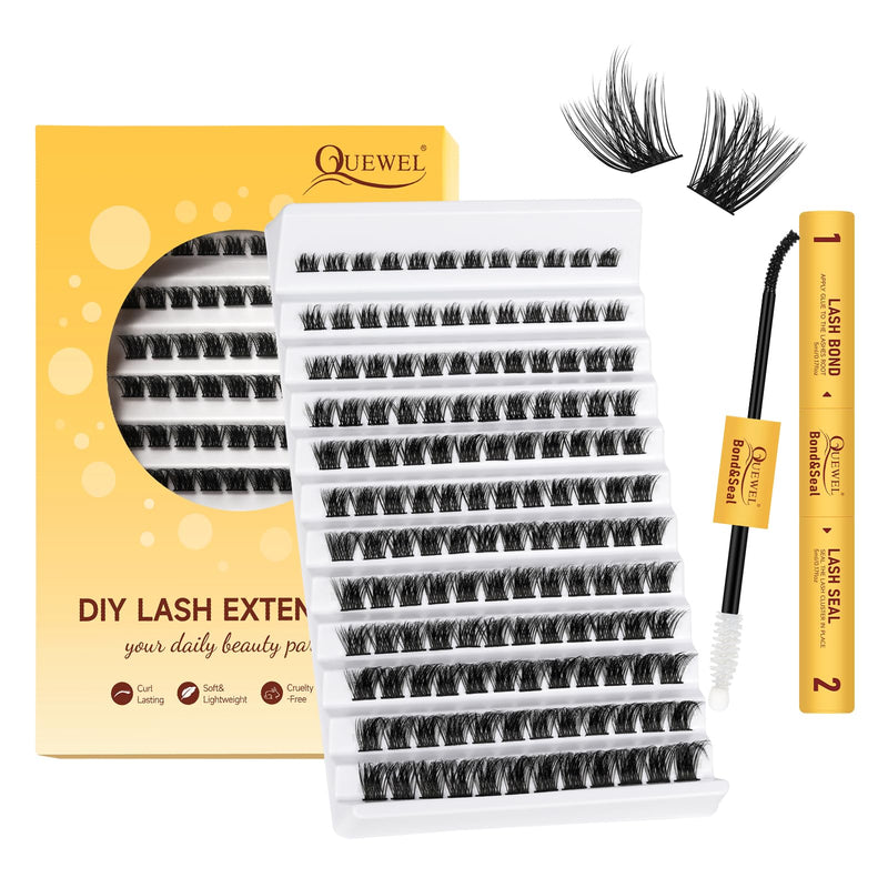 Individual-Lashes 144 Cluster-Lashes QUEWEL DIY Eyelash-Extensions-Kit, Clusters Eyelash Applicator, Cluster Lashes Bond and Seal Super Hold, Clusters Lash Glue Remover Easy to Remove(QU-RR-DH-01)