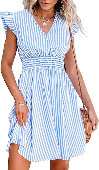 CUPSHE Women's Mini Dress Striped V Neck Flutter Sleeve Smocked Waist A Line Casual Summer Dresses