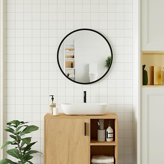 WOLTU Wall Mirror φ 50 cm with Black Frame, Modern Round Hanging Mirror for Bathroom Bedroom Living Room Hallway, Made of Metal MDF, MB6094sz02
