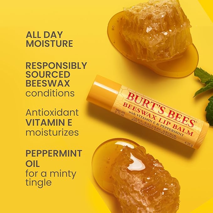 Burt's Bees Lip Balm Beeswax, Moisturising Lip Balm With Vitamin E & Peppermint, 100% Natural Origin, 4.25g