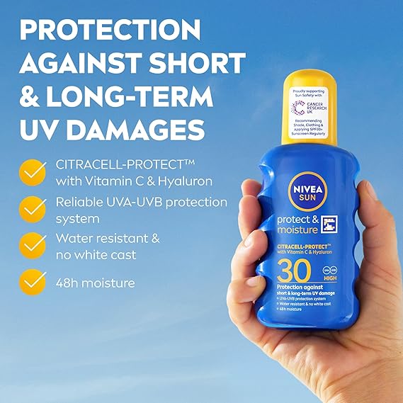 NIVEA SUN Protect & Moisture Sun Spray SPF 30 (200 ml), Moisturising Suncream Spray with SPF 30, Advanced Sunscreen Providing Immediate UVA + UVB Protection, Fast-Absorbing No White Cast Formula