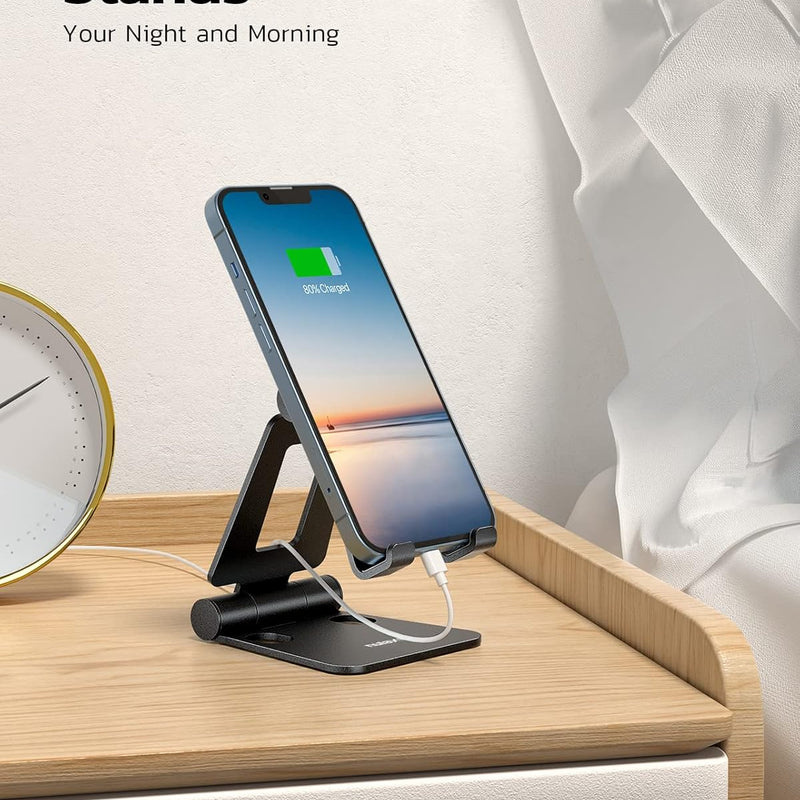 NULAXY Aluminum Phone Stand, Fully Foldable Angle Height Adjustable Mobile Holder Cradle Dock for Desk, Compatible with iPhone 16 15 14 13 12 11 Pro Max XR Xs X, HUAWEI, Galaxy, Nintendo Switch, Black
