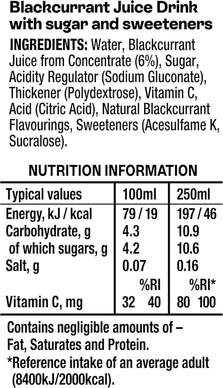 Ribena Blackcurrant Juice Drink Cartons - Multipack 24x250ml | Real Fruit | Rich In Vitamin C | No Artificial Colours or flavours | Perfect For On The Go