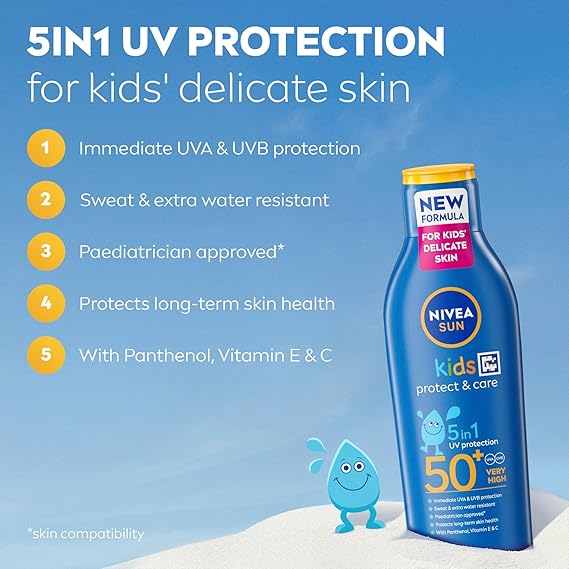 NIVEA SUN Kids Protect & Care SPF 50+ Lotion (200ml), Moisturising Sun Cream Protects Delicate Skin Against Sunburn and Long-Term UV Damage, Fast-Absorbing No White Cast Sun Lotion