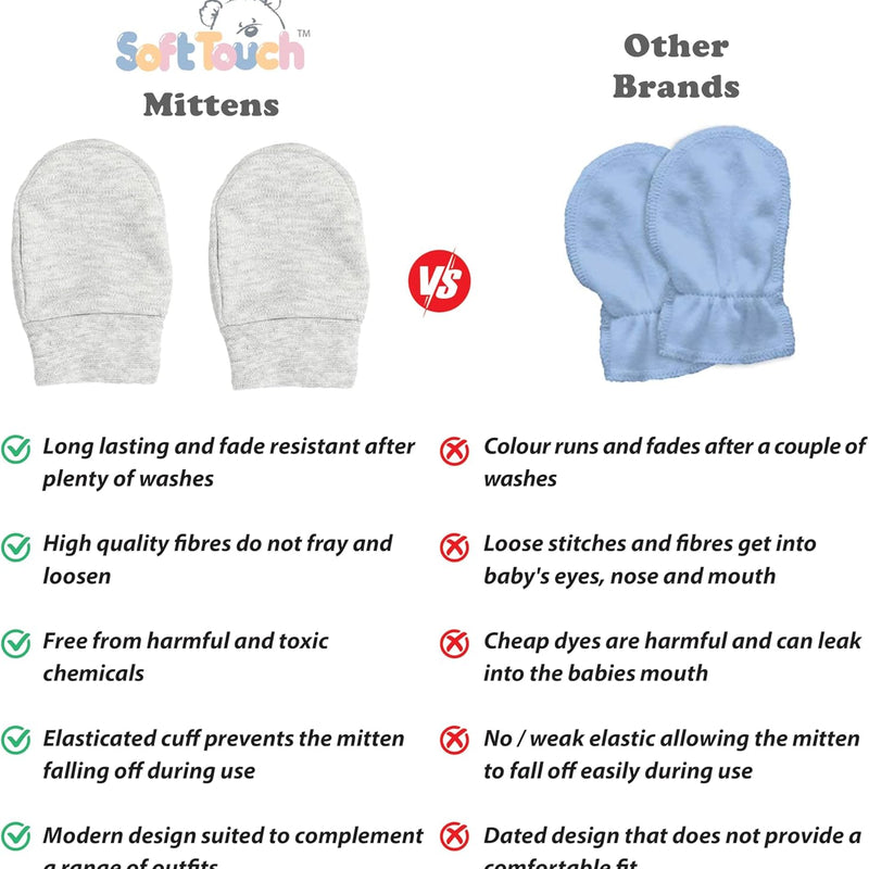 Soft Touch 100% Cotton Baby Anti Scratch Mittens - 4 Pack (Blue)