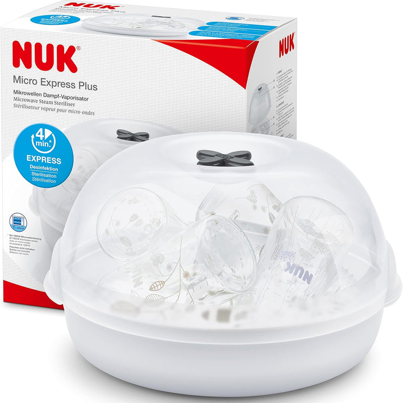 NUK Micro Express Plus Microwave Bottle Steriliser | Sterilises up to 4 Baby Bottles & Accessories in 4 Minutes | Fits Most Microwaves | Tongs for Hygienic Removal