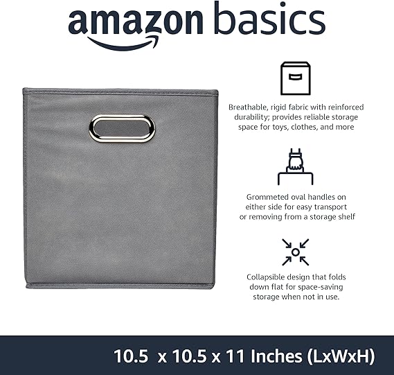 Amazon Basics Collapsible Fabric Storage Cubes with Oval Grommets - 6-Pack, Light Grey