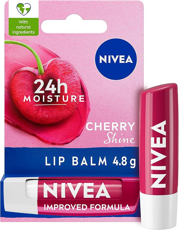 NIVEA Cherry Shine Lip Balm (4.8g), Flavoured Lip Balm with Shea Butter, Natural Oils and Vitamins, Provides 24h Moisture and a Soft Red Shine, Vegan Lip Care Formula