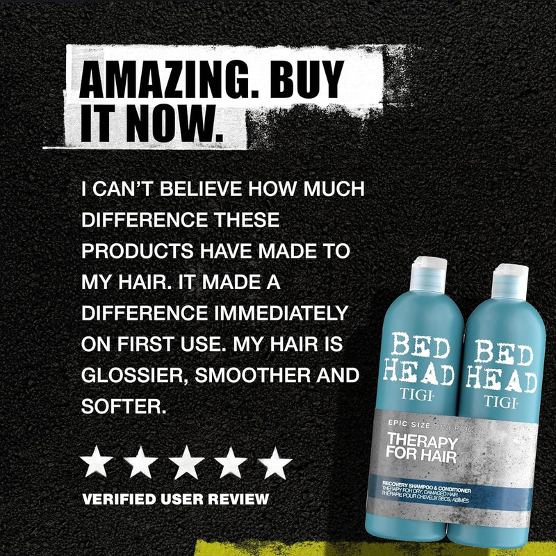 Bed Head by TIGI | Recovery Shampoo and Conditioner Set | Professional Moisturising Hair Repair Treatment | Ideal For Dry And Damaged Hair | 750 ml ( Pack of 2)