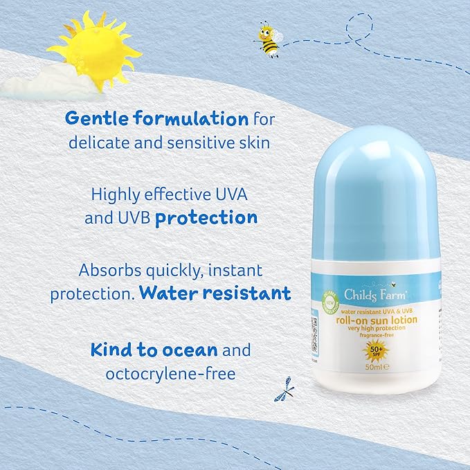 Childs Farm Kids And Baby Sun Lotion Roll-On SPF 50plus Water Resistant UVA And UVB Very High Protection Suitable Dry, Sensitive And Eczema-prone Skin 50ml, White, 1, 85.65 Grams