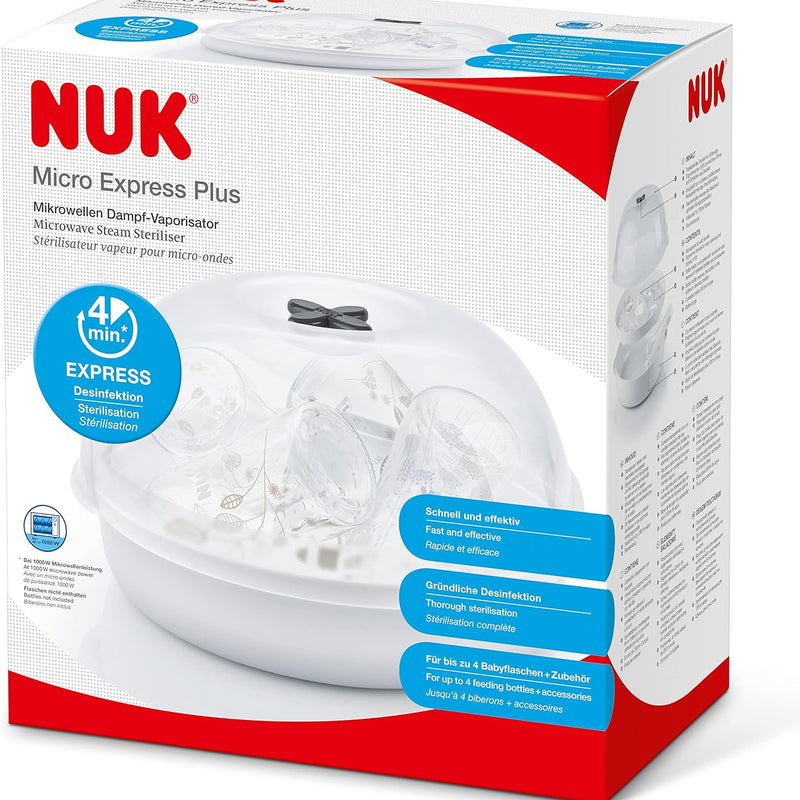 NUK Micro Express Plus Microwave Bottle Steriliser | Sterilises up to 4 Baby Bottles & Accessories in 4 Minutes | Fits Most Microwaves | Tongs for Hygienic Removal