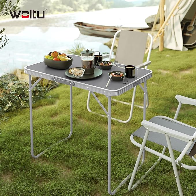 WOLTU Camping Table Folding Travel Tables with Handle 70 x 50 x 60 cm (L x W x H) Folding Garden Table Made of Aluminium and MDF for Picnic Beach Outdoor Grey