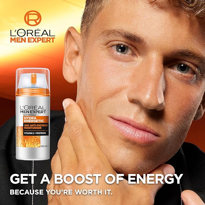L'Oréal Men Expert Anti-Fatigue Morning Routine Skincare Kit for Men – Hydra Energetic Moisturiser XXL + Hydra Energetic Eye Roll On + Face Scrub, with Vitamin C