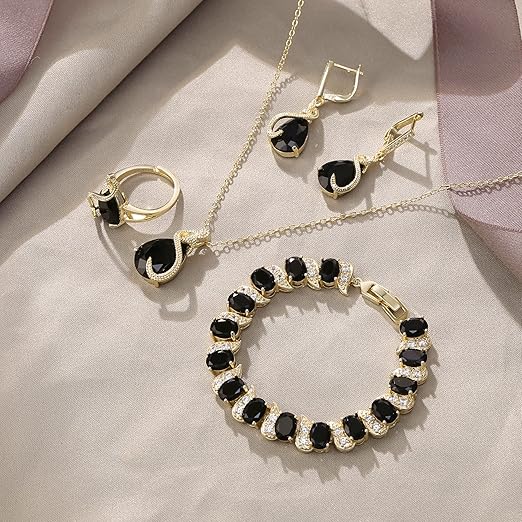 Ever Faith Women's Jewelry Set Black Jewellery Sparkly Cubic Zirconia Teardrop Necklace Earring Bracelet Ring Sets for Women Birthday Gifts 4 PCS
