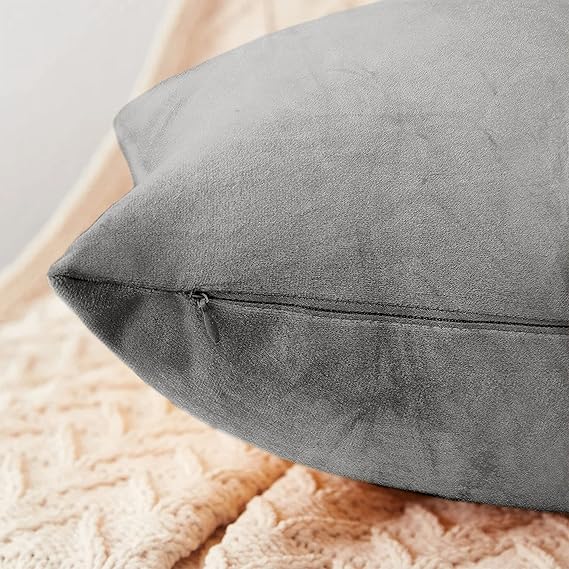 Hafaa Velvet Cushions with Covers Included Set of 4 (2 Grey Cushion Covers 45 x 45, 2 Cushion Inserts) Luxury Decorative Fluffy Square Throw Pillow Cases with Invisible Zipper(18”x18”)