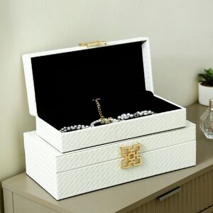 Fairmont Park Aliyan 2 Piece Jewellery Boxes for Bedroom Furniture, Faux Litchi Decoration Wooden Storage Boxes White 10cm H X 38cm W X 18.5cm D
